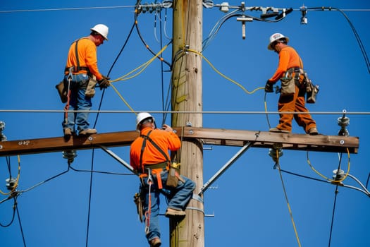 Three tradesmen are wearing bluecollar worker workwear and helmets as they work on a power line. The sky is their background as they handle electricity in the building