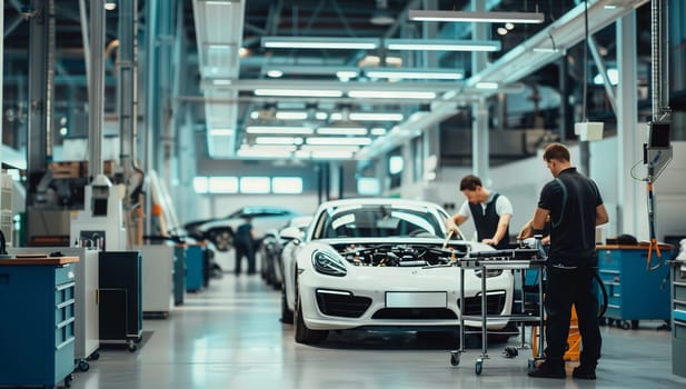 A group of men are busy working on a motor vehicle in a factory, fixing the tires, checking the hood, and adjusting the automotive lighting and grille for optimal automotive design