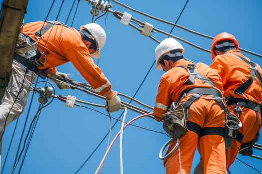 A group of men wearing workwear and helmets are working on a power line in the sky. They are using ropes and engineering vehicles to handle electricity safely