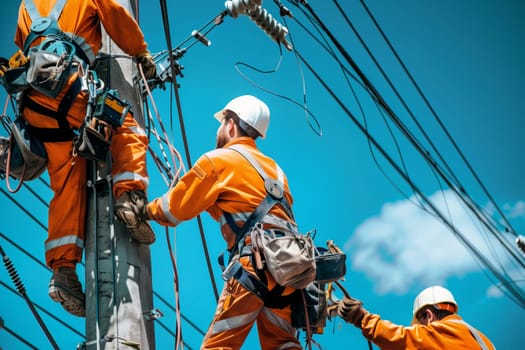 A group of bluecollar workers wearing helmets are working on a power line high in the sky amidst fluffy clouds. They are ensuring the safe supply of electricity, showcasing their engineering skills