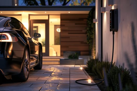 A Tesla Model S is parked in front of a house, charging at a station. The vehicles automotive tires, lights, and wood door are visible