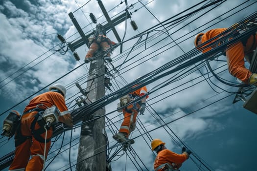 A group of men are working on a power line against the backdrop of the sky and clouds. Their vehicle is parked nearby as they repair the electricity mast