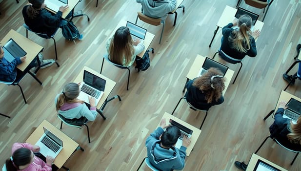 A group of students are seated in a classroom with hardwood flooring, each with a laptop. The event is taking place in a building made of wood and metal