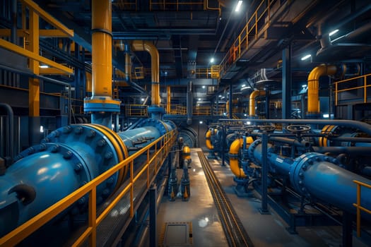 A city factory uses pipeline transport with steel casing pipes, valves, and machines for mass production, supported by gas and engineering industry