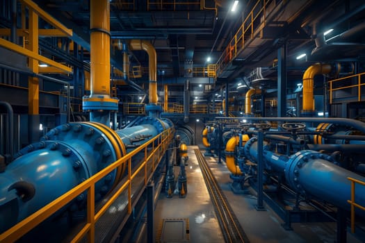 A city factory uses pipeline transport with steel casing pipes, valves, and machines for mass production, supported by gas and engineering industry