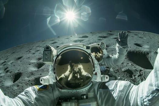 An astronaut is capturing a selfie on the moon while wearing a helmet and personal protective equipment. The lunar landscape, darkness, and astronomical objects can be seen in the background