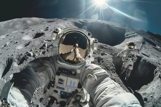 An astronaut in personal protective equipment is taking a selfie on the moons barren landscape, surrounded by darkness and the vastness of space