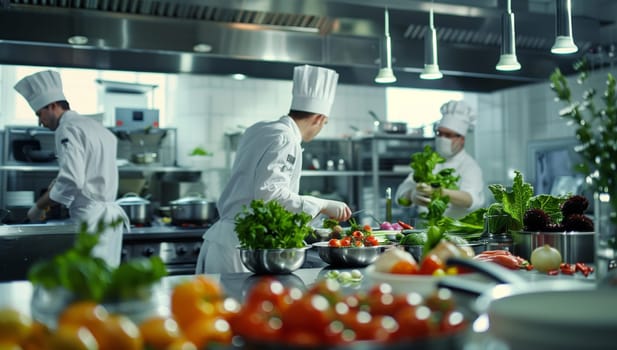 A group of chefs are cooking natural foods in the restaurants kitchen located in the city. The buildings facade resembles a tree, emphasizing their focus on local and whole foods for events