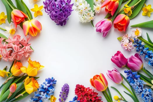A vibrant circle of colorful flowers, featuring magenta petals, arranged creatively on a white background. This art piece showcases the beauty of flower arranging and creative arts