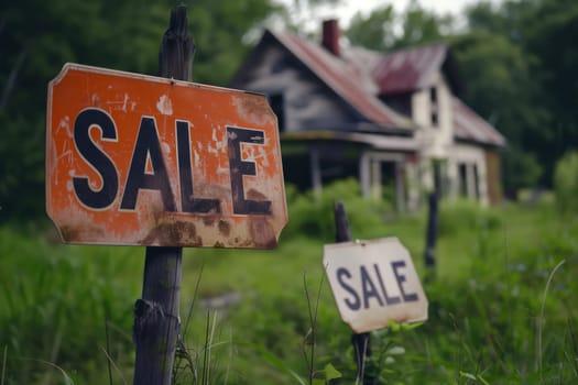 Two for sale signs sit among the overgrown grass and neglected landscape in front of a deserted house, surrounded by towering trees and a crumbling building