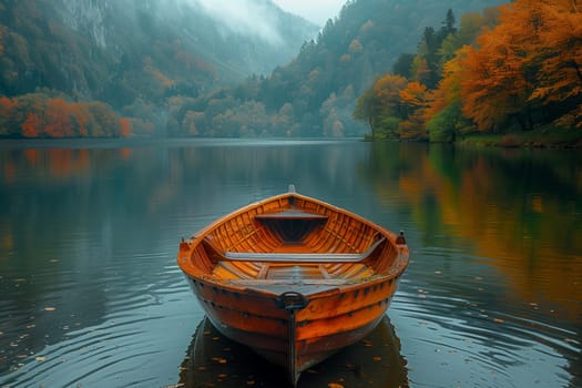 A watercraft made of wood is peacefully floating on the serene lake, surrounded by towering mountains and lush green trees in the natural landscape