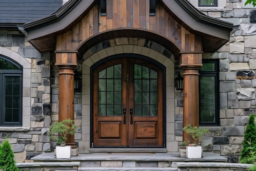 The front of the stone house features wooden doors and a porch made of wood. The building is accented by brickwork and has a charming facade