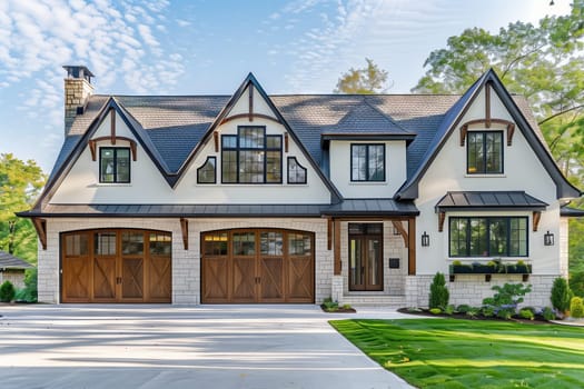 A cloudless sky frames a large white house with a black roof, wooden garage doors, and lush green grass. The facade features windows and a tree in the front yard