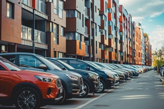 A line of cars with their tires on the ground and wheels parked in front of a building, under the sky. The cars have headlights, hoods, and windows visible