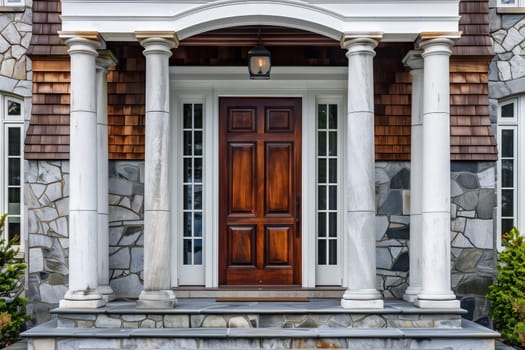 A building with columns and a wooden door a typical feature of a residential area. The house has a traditional facade with a charming home door