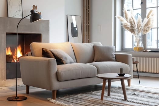 An inviting living room with a cozy couch, elegant table, stylish lamp, and warming fireplace. The furniture, with wood flooring, enhances the interior design of the rectangular space