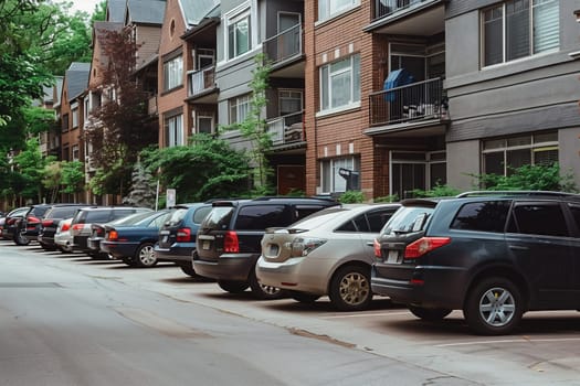 A line of vehicles with tires and wheels parked on the asphalt road beside the building with windows and infrastructure