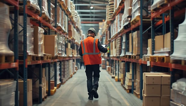 A man is moving through a warehouse with numerous boxes in the building. He navigates the aisles filled with goods stacked on pallets