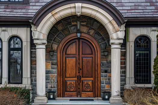 The buildings facade features a large wooden door framed with a stone archway. Surrounding the entrance are brickwork, plants, and lush green grass