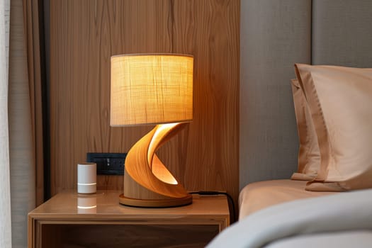 A lamp rests on a nightstand next to a bed, creating a cozy atmosphere in the bedroom. The furniture, made of wood, adds warmth to the interior design of the room, complemented by the soft lighting