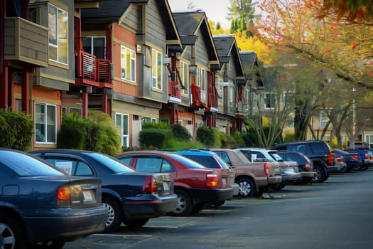 A line of motor vehicles, including cars with their wheels and tires, are parked in front of a row of apartment buildings with windows and lights