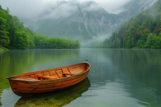 A wooden boat peacefully floats on the calm lake, surrounded by majestic mountains and fluffy clouds in the sky, creating a breathtaking natural landscape
