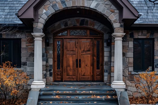 A grand brick building featuring a wooden door, stairs, and lush plants. This fixture is a charming addition to any real estate portfolio
