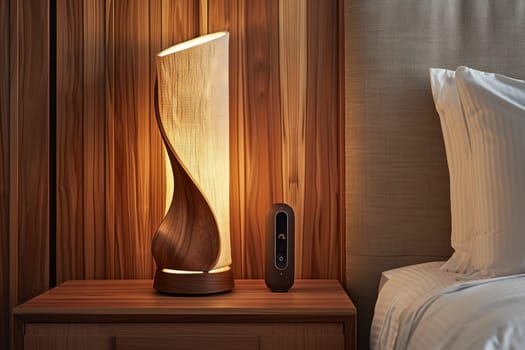 A lamp sits on a nightstand made of hardwood next to a bed in a cozy bedroom. The wood stain matches the floor, creating a comforting ambiance by the window