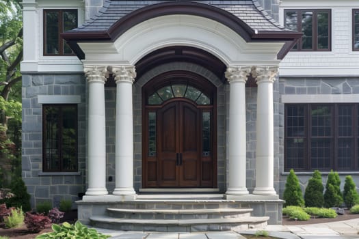 A residential building with a sturdy brick exterior, featuring a welcoming wooden door and columns. Surrounded by a lush green lawn in a quiet real estate neighborhood