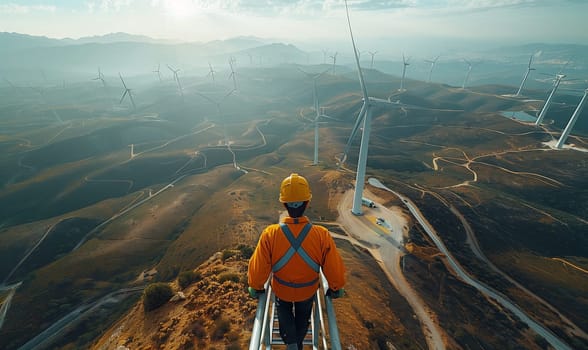 An aerial view of a man wearing a hat standing on top of a wind turbine, overlooking a breathtaking landscape with mountains in the distance