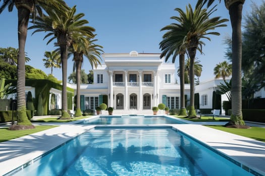 A dazzling white house with a swimming pool nestled in front, set against a backdrop of azure skies and lush palm trees the perfect property for leisure and relaxation