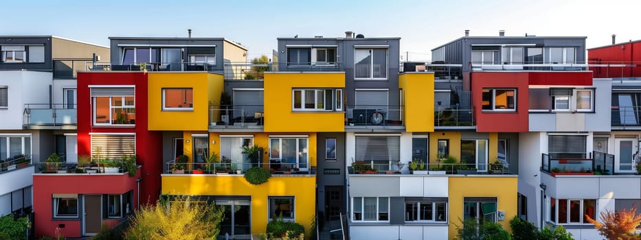 A row of vibrant apartment buildings with unique facades and colorful fixtures, located in a residential area with wellmaintained asphalt roads and beautiful window displays