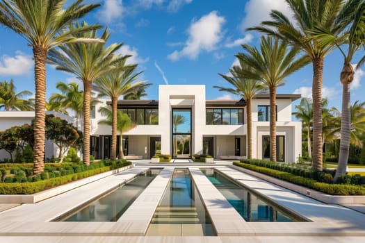 A real estate property featuring a large house with a pool in front of it, surrounded by palm trees. The leisurely facade is complemented by the blue sky and fluffy clouds above