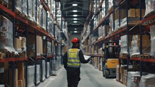 A man in highvisibility clothing is walking through a warehouse while looking at a tablet. The building is full of plants and vehicles