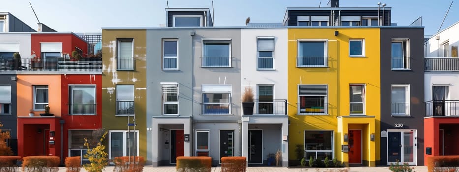 A row of colorful houses adorned with various fixtures and windows are lined up on the asphalt, showcasing different building materials and facade designs