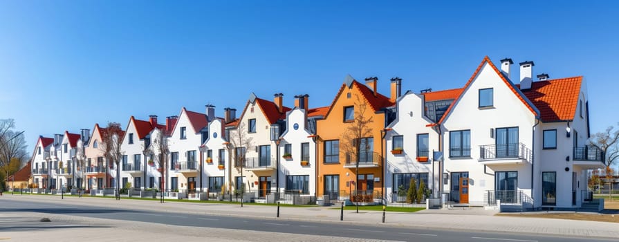 A row of quaint houses with red roofs sits under the blue sky in a charming residential area on a sunny day, enhancing the suburbs real estate appeal
