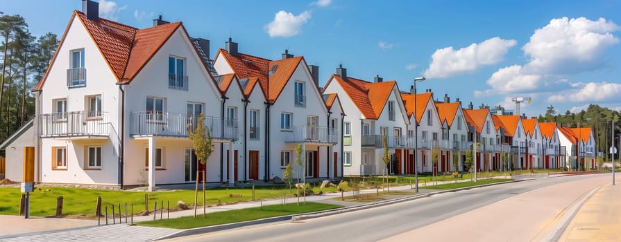 A series of charming white buildings with vibrant red roofs line the residential area, creating a picturesque scene against the blue sky and fluffy clouds