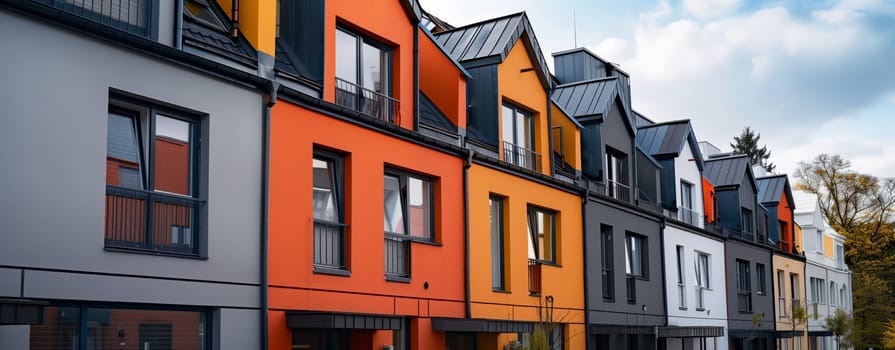 A row of vibrant houses with artistic facades, windows, and roofs against a blue sky backdrop with fluffy clouds. The buildings stand out against the asphalt ground