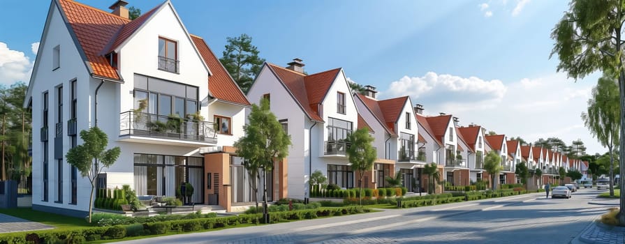 A row of charming white houses with red roofs are neatly lined up on a quaint street in the neighborhood, against a backdrop of a clear sky and lush green plants and trees