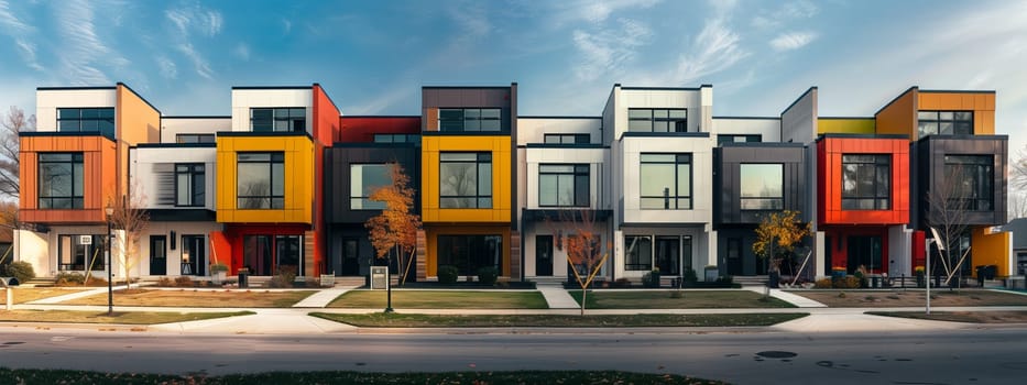 A row of colorful buildings with beautiful facades lines the asphalt street in the city. The sky is clear with fluffy clouds and a tree adds to the picturesque scene