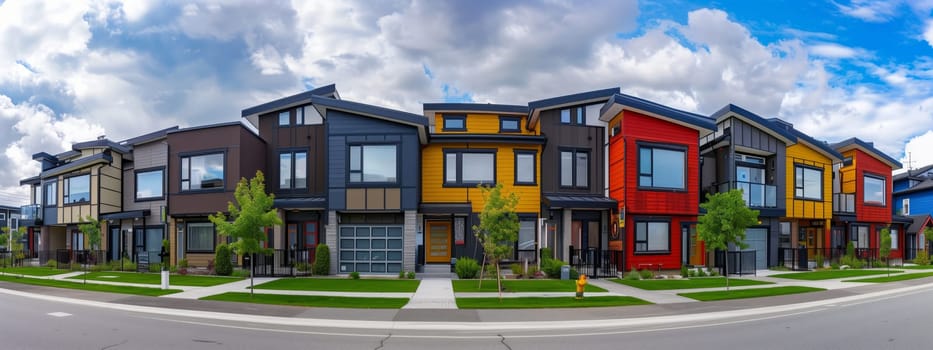 A row of colorful houses with plants in a residential area under a cloudy sky. The buildings feature various window fixtures on the asphalt street with grass surrounding the real estate