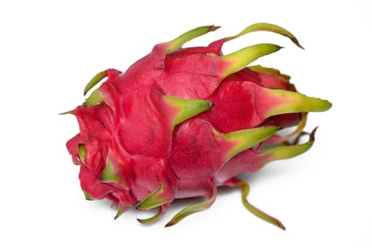 One whole dragon fruit isolated on white background, full depth of field
