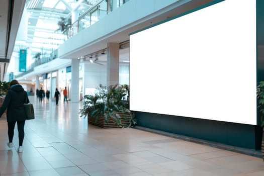 A woman is strolling through a mall by a towering white building with a huge billboard. The cityscape and real estate market are reflected in the glass facade of the building