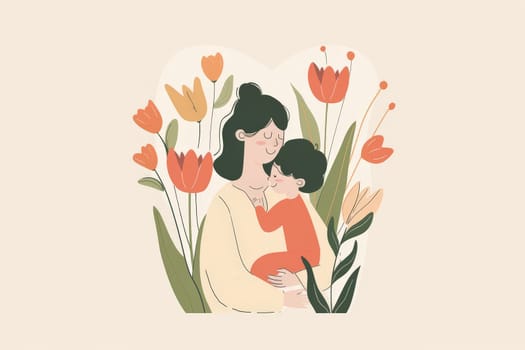 a simple flat illustration of a mother with child with tulip flower, minimalist.