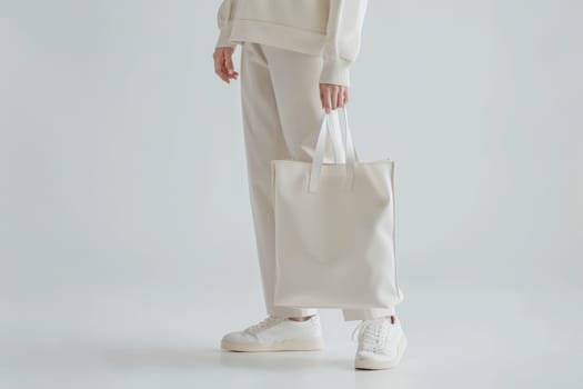 Close up of woman with tote bag mockup on white studio background.