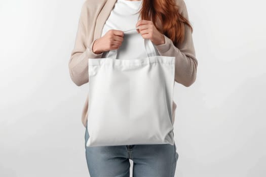 Close up of woman with tote bag mockup on white studio background.