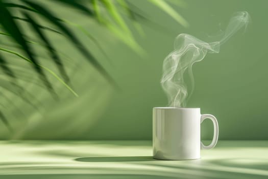 White mockup mug and little smoke with green plant leaves on green background.