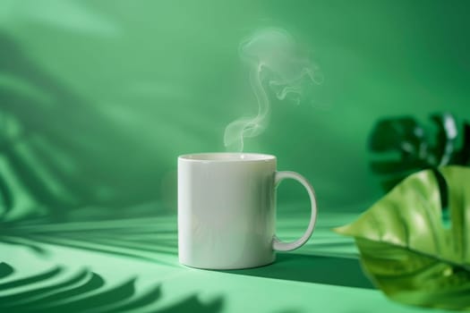 White mockup mug and little smoke with green plant leaves on green background.