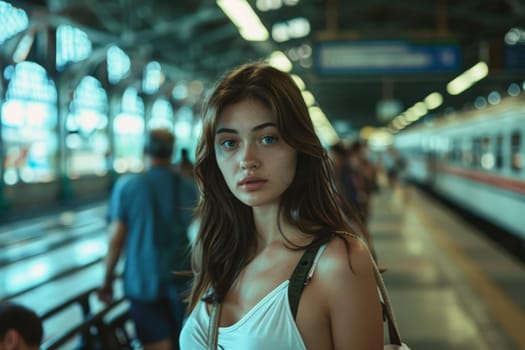 Young beautiful woman waiting on railway station, summer travel trip, Woman traveler.