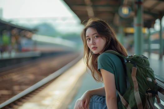 Young beautiful woman waiting on railway station, summer travel trip, Woman traveler.